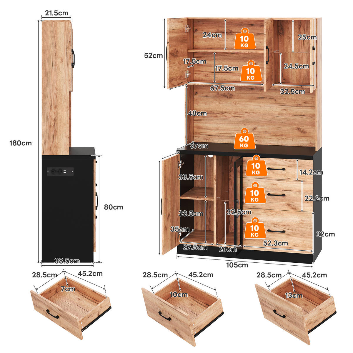 BUFFET 105/40/180 cm Neutral mit LED-Beleuchtung, verstellbaren Einlegeböden und Steckdose im Euro-Stil - Naturfarben, Holz (105/180/40cm) - Oxeza