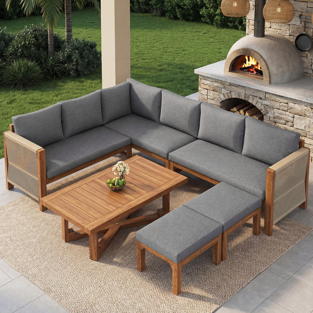 GARTENLOUNGE Akazienholz 6 Sitzer Ecksofa Tisch Hocker Kissen - Grau, Holz - FLIEKS