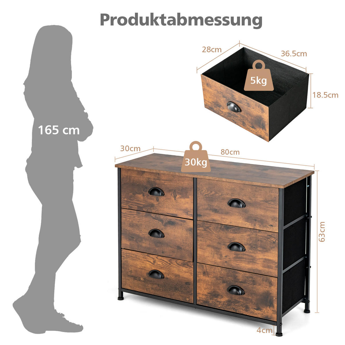 BEISTELLSCHRANK Kommode Braun - Braun, Holz (30/63/80cm) - COSTWAY