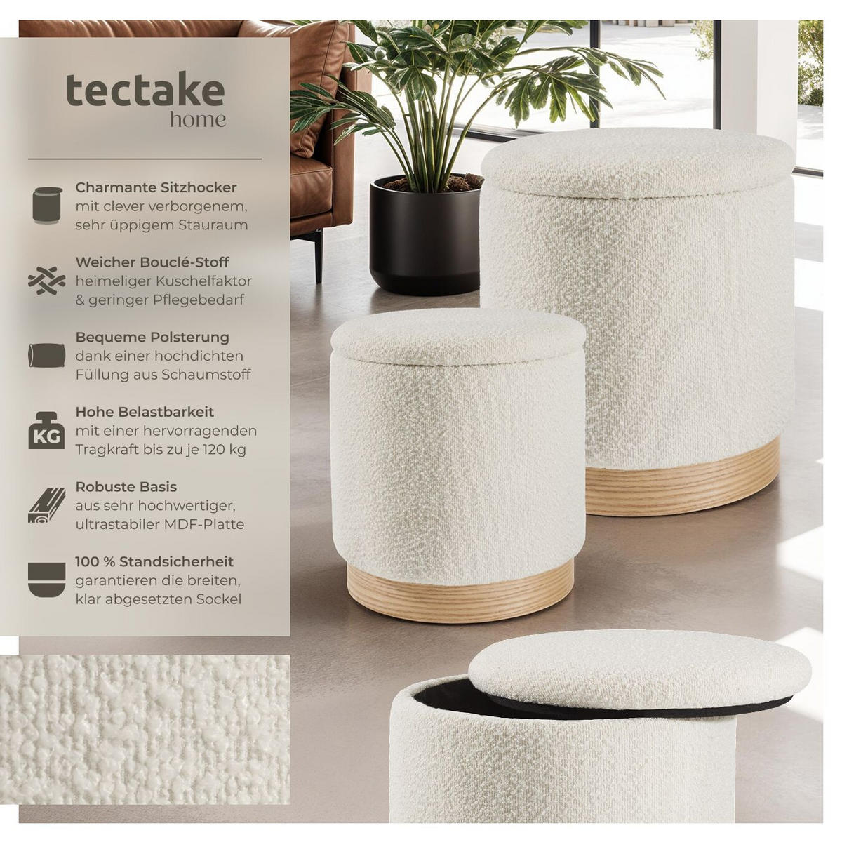 SITZHOCKER 2er Set mit Stauraum Orchide,Gestelle aus MDF-Platten,creme - Creme, Holz (38/42/38cm) - tectake