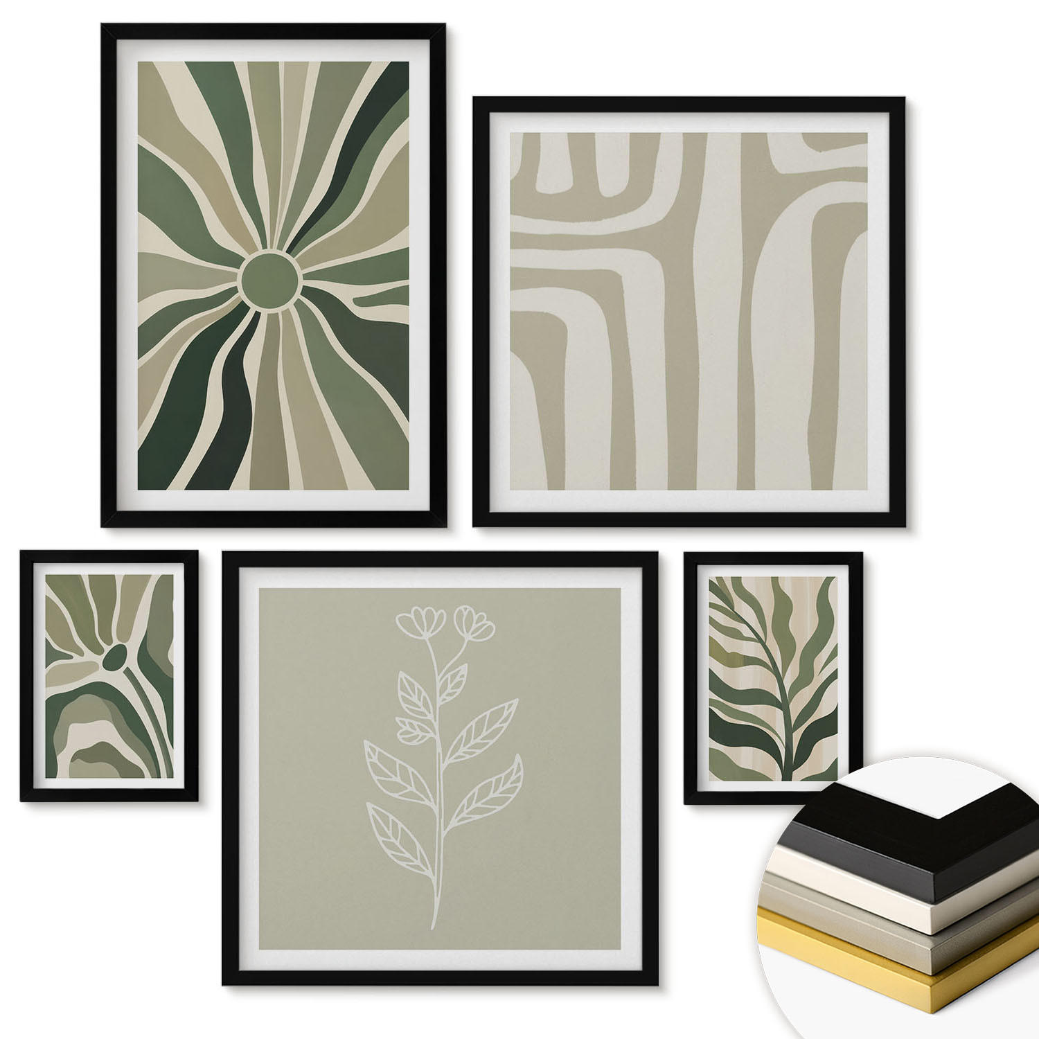 WANDBILDER 5er-Set - 50x50 cm & 20x30 cm & 40x60 cm Schwarzer Rahmen - Pflanzenmuster grüner Minimalismus - Schwarz, Kunststoff (40/60cm) - ArtPrintCave