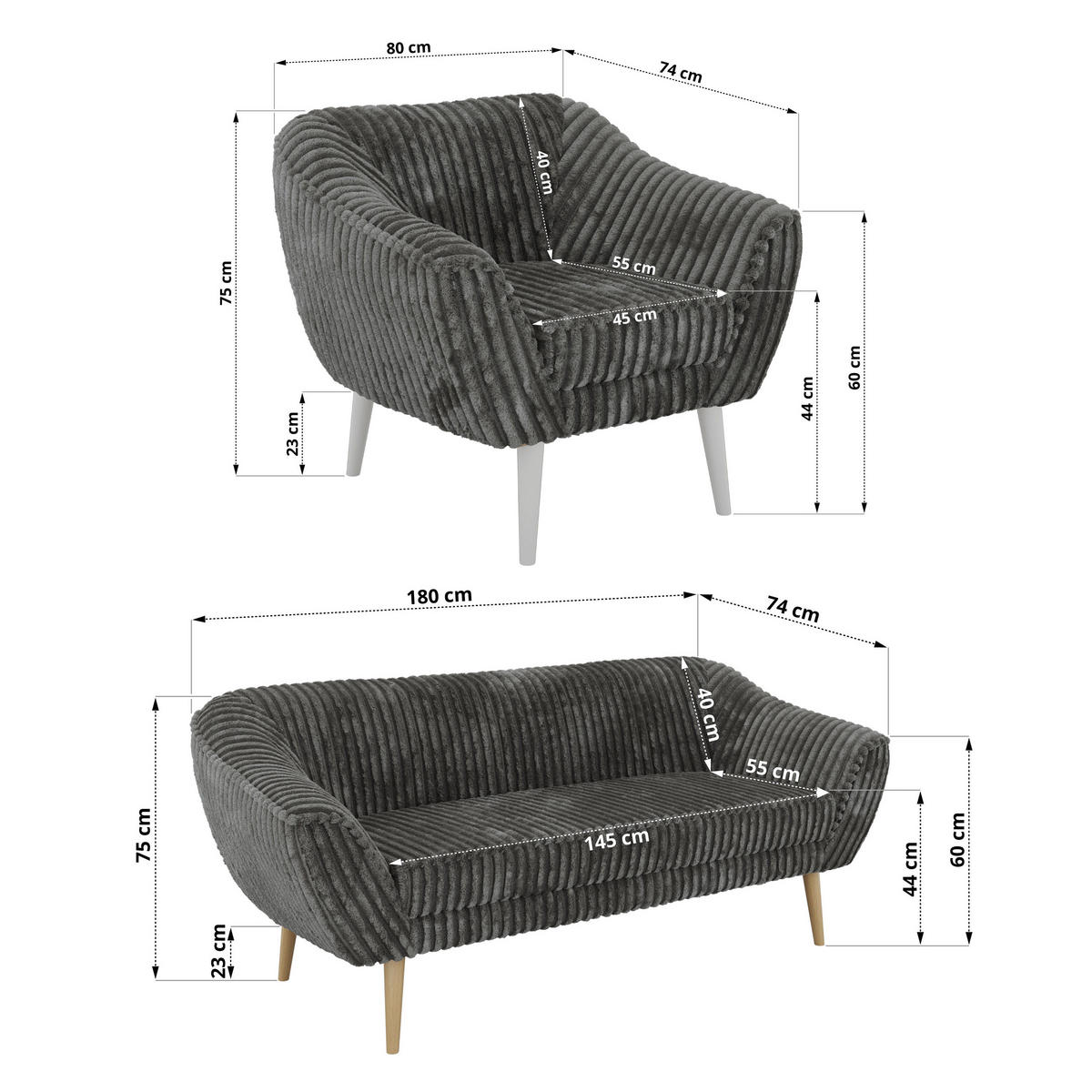 SEDACÍ SOUPRAVA 3+1+1 PIRS - Šedá Manšestr - Bílé nohy - šedá/bílá, kompozitní dřevo/textil (180/75/74cm) - MKS