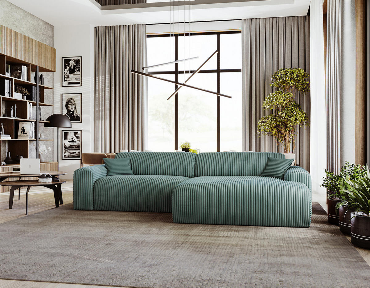 ECKSOFA mit Longchair - Cord - Schwarz/Grün, Kunststoff/Textil (284/178cm) - home24