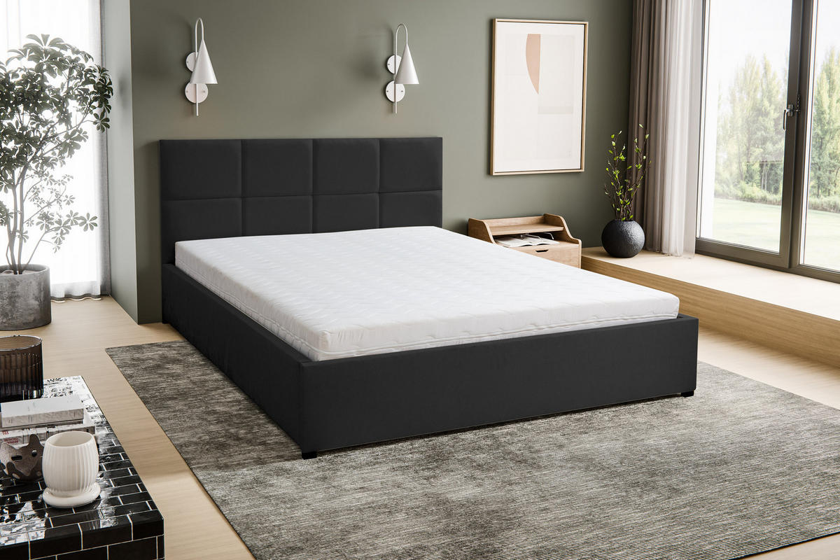 POLSTERBETT BETTY mit Kopfteil, 160 x200 cm, Doppelbett mit Bettkasten und Lattenrost aus Velourstoff, Velourstoff, Frabe: Schwarz - Schwarz, Holz/Kunststoff (160/200cm) - VENASI MÖBEL