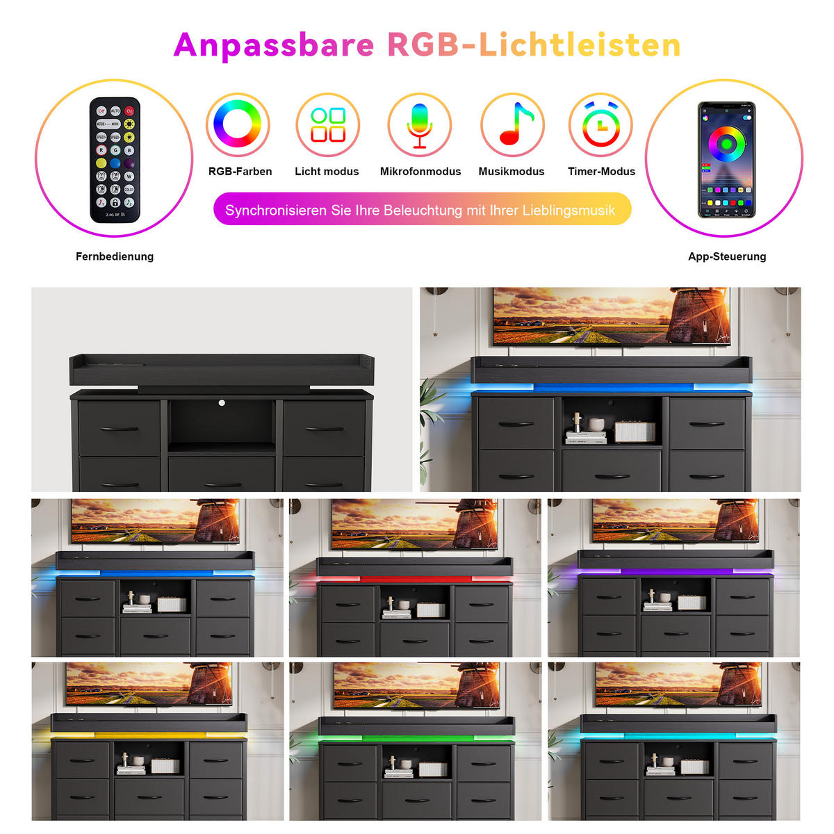 KOMMODE 8 Stoffschubladen, LED, Steckdose, stabil, Stahlrahmen, Anti-Kipp, schwarz - Schwarz, Textil (108/82/30cm) - EuroLiving