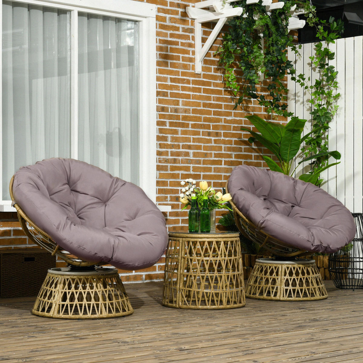 BISTRO-SET Stuhl 85/70/82 cm mit Tisch Ø45/45 cm, Rattan mit Kissen und Glasplatte, Coffee - Braun, Naturmaterialien - Redom
