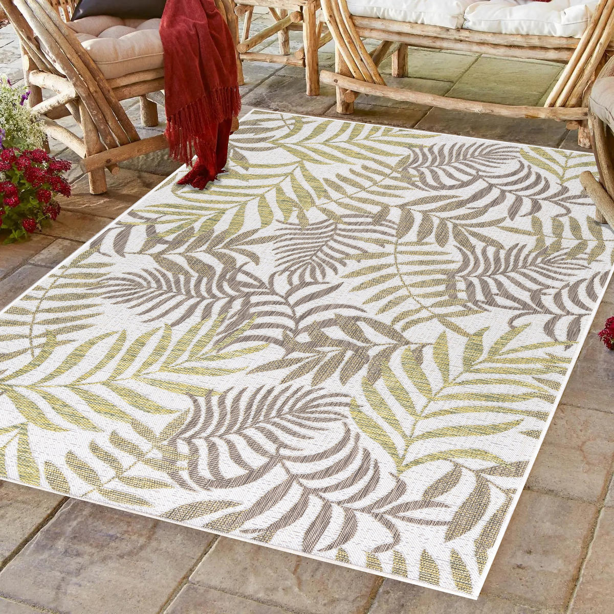 TEPPICH Outdoor Flachgewebe Palmenmotiv Polypropylen Terrasse Beige Rechteckig 140x200 - Beige, Textil (140/200cm) - KADIMA DESIGN