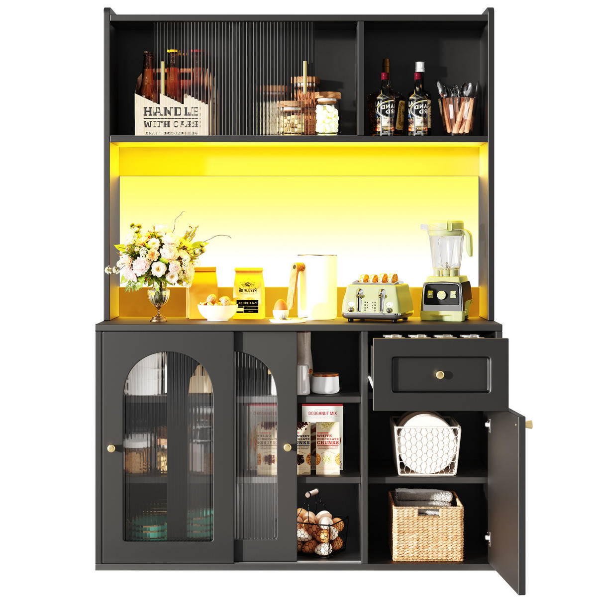 HIGHBOARD schwarz aus MDF/Spanplatte mit Glastüren und LED-App-Steuerung, 120/35/167 cm, Schwarz - Schwarz, Holzwerkstoff (120/167/35cm) - Redom