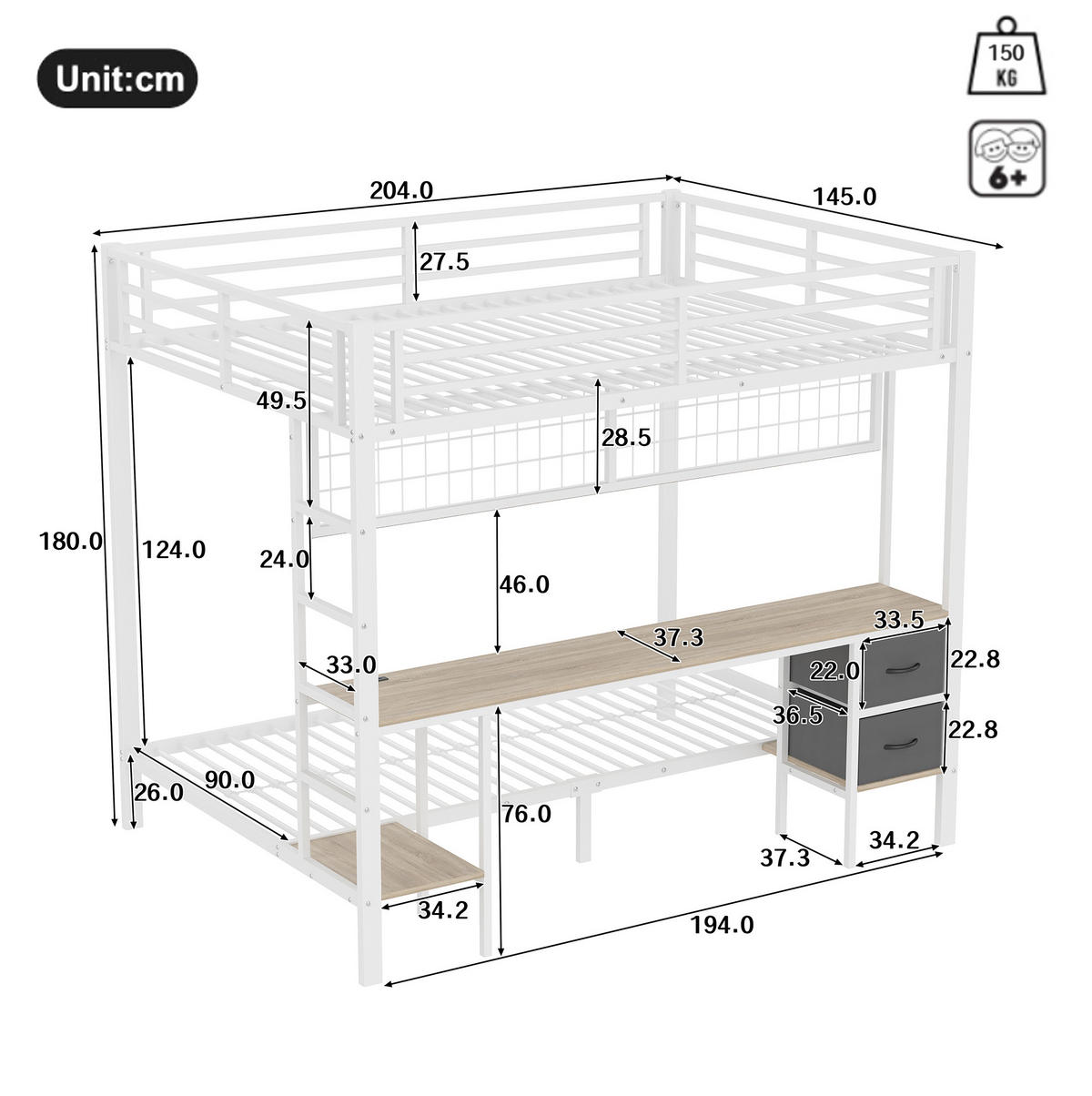 HOCHBETT mit Schreibtisch 140/200 cm in Weiß – mit Stauraum und LED-Leiste - Weiß, Metall (140/200cm) - BEAOK