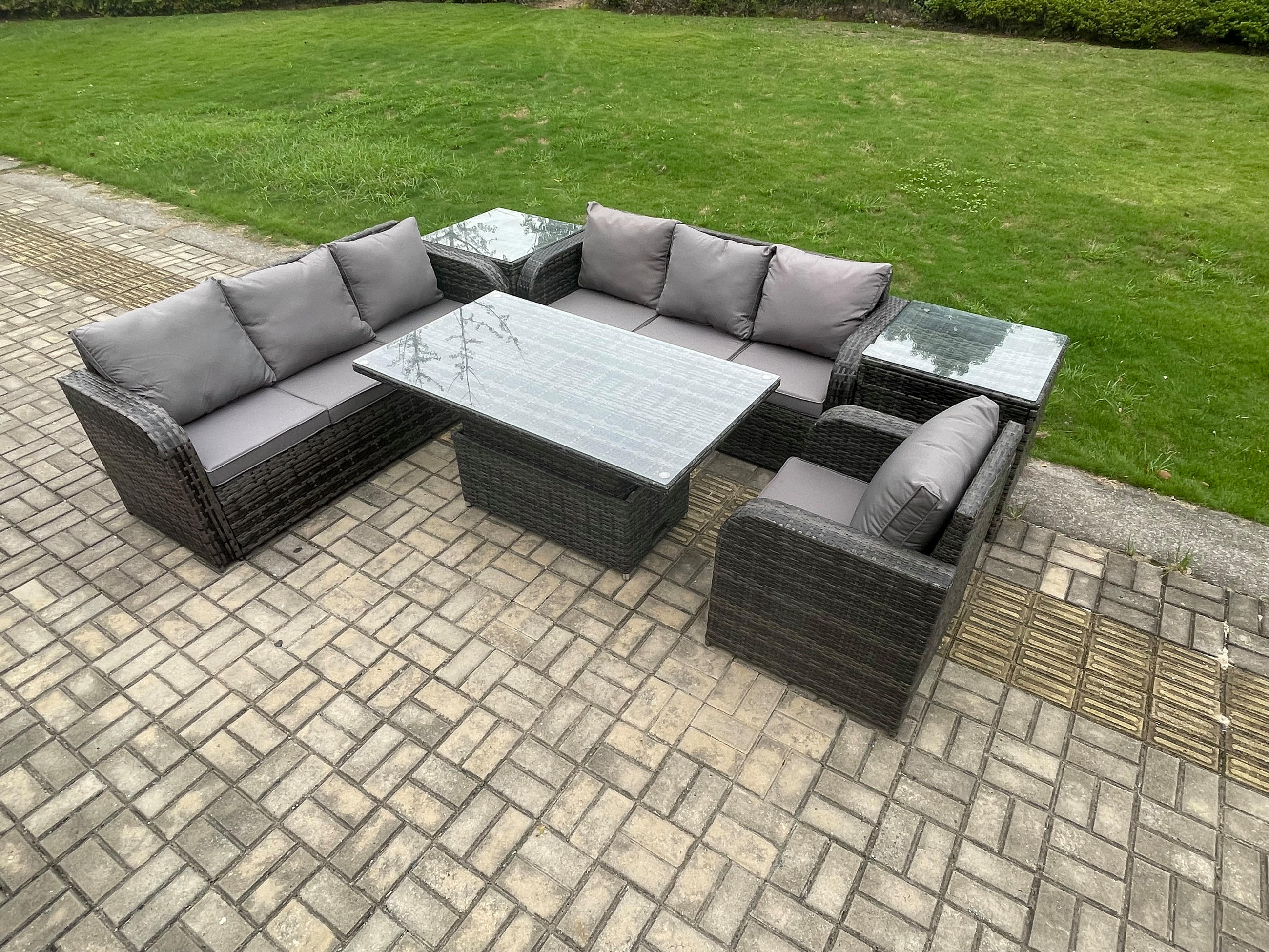 GARTENMÖBELSET mit 2 Beistelltisch Höhenverstellbarer Esstisch 7-Sitzer Grau - Dunkelgrau/Grau, Glas/Kunststoff - Fimous