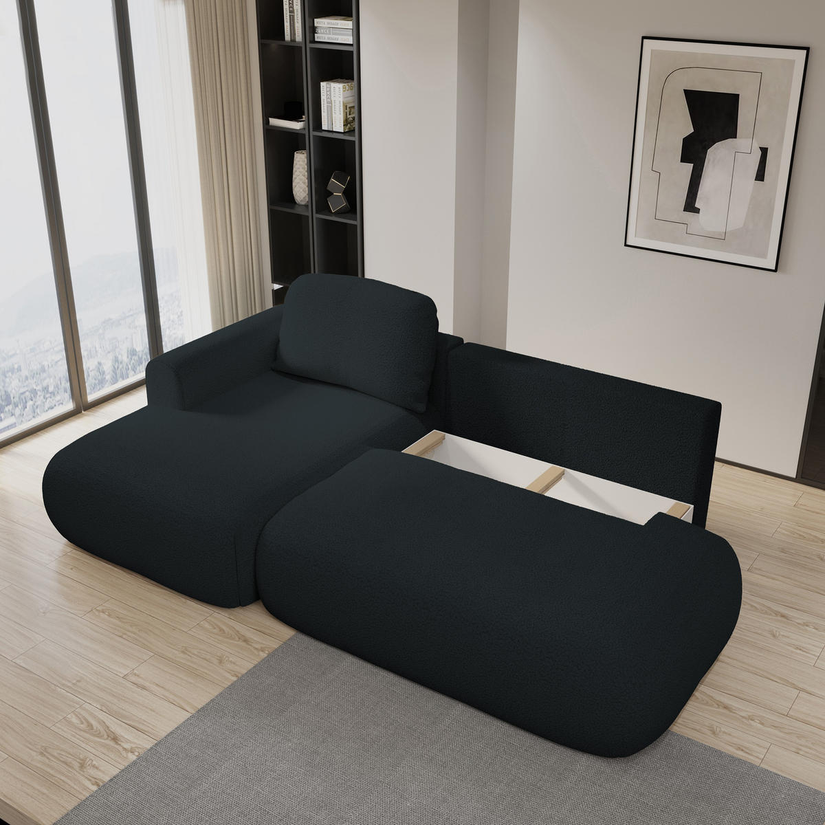 ECKSOFA NUVIRA L-S Schwarz Boucle-Stoff mit Schlaffunktion - Schwarz, Holz (274/165cm) - MASSENO