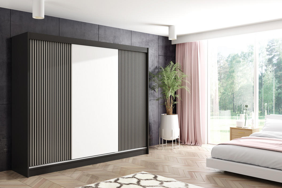 KLEIDERSCHRANK VILAN mit Lamel/LED - 250 cm - Schwarz - Schwarz, Holzwerkstoff (250/215/61cm) - ALTDECOR