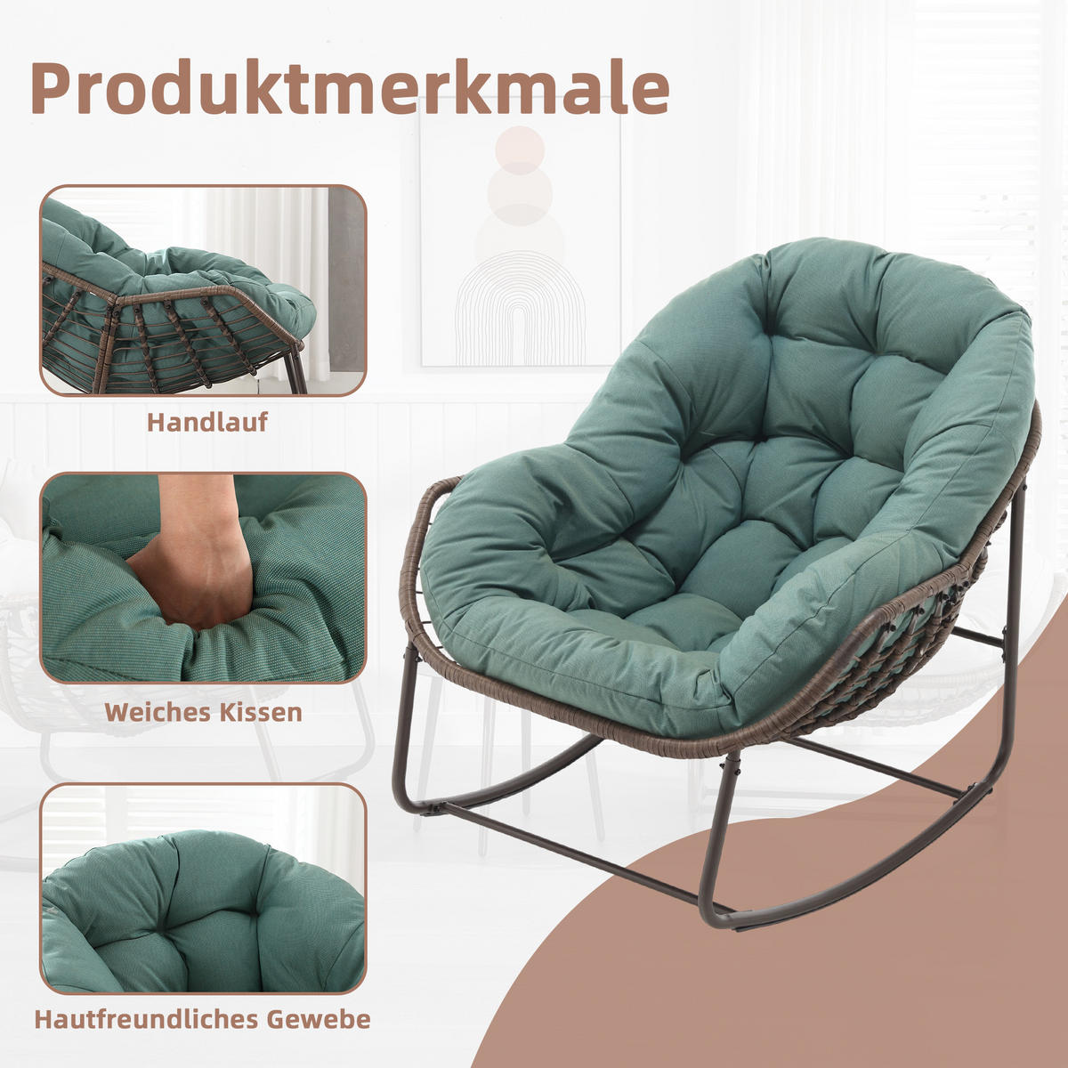 SCHAUKELSTUHL Schaukelsessel Garten,Rattanstuhl mit Stahlrahmen,Grün-Polyester - Grün, Metall (94.5/80/111cm) - LVHOM