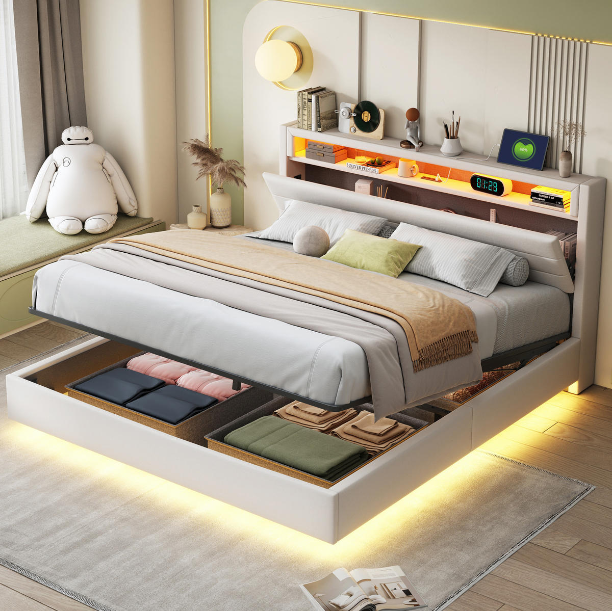 POLSTERBETT 160/200 cm Beige aus Stoff mit Stauraum und LED - Beige, Textil (160/200cm) - OKMYHOME