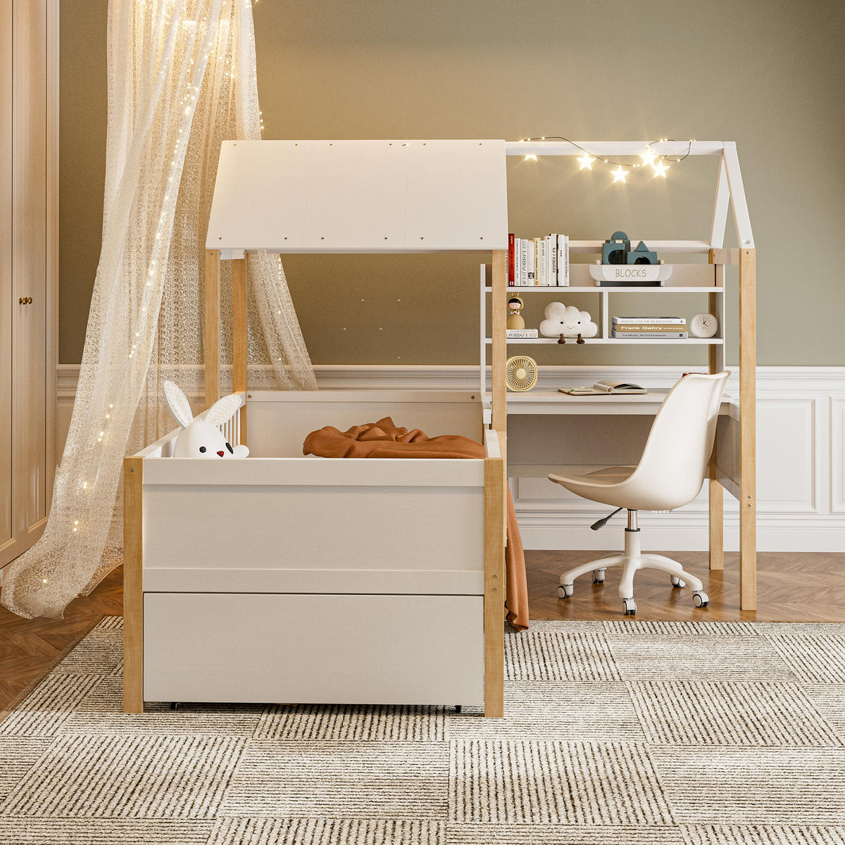 HAUSBETT 90/200 cm weiß mit Rausfallschutz und L-förmigem Schreibtisch - Weiß, Holz (90/200cm) - OKWISH