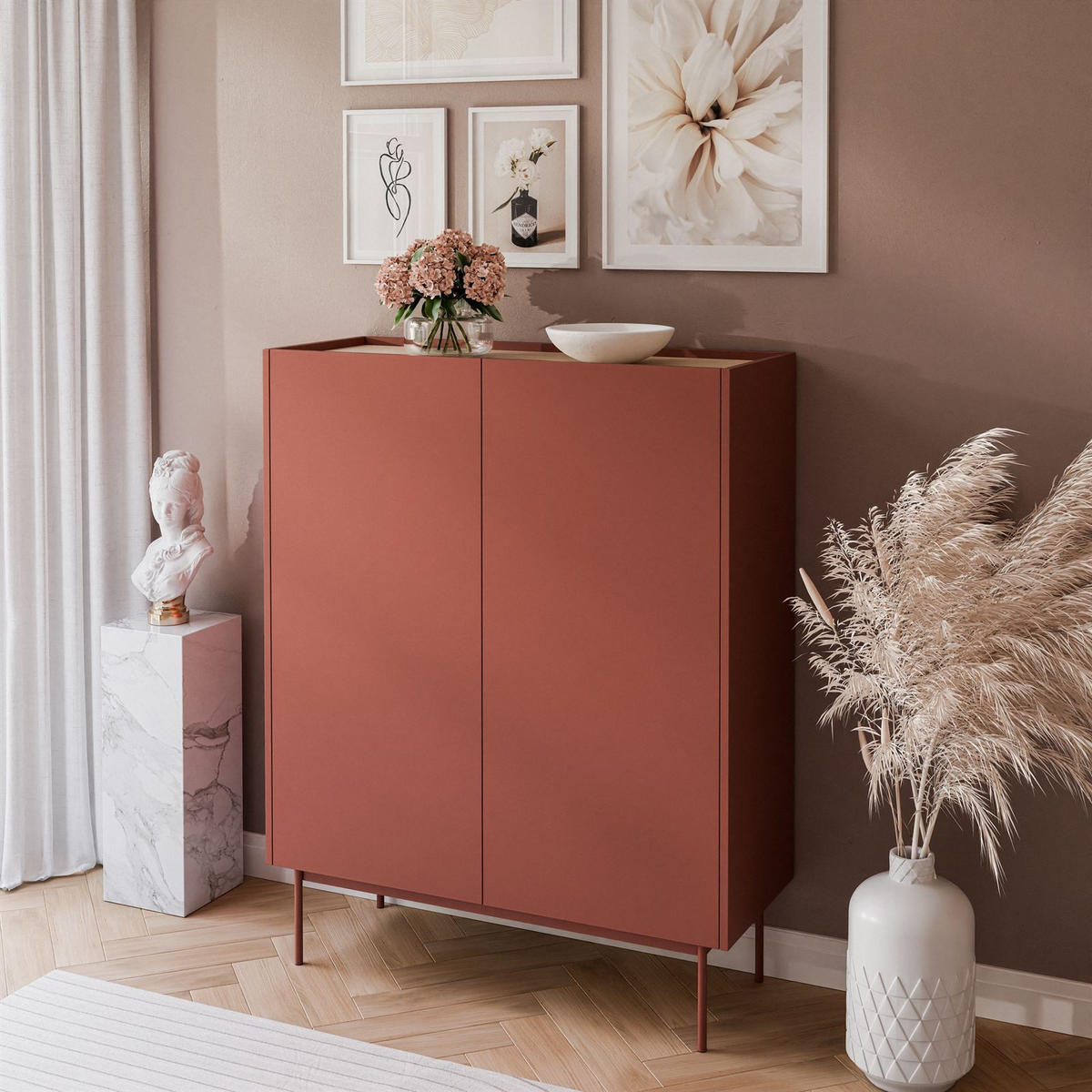 KOMMODE ESSENCE 2D KD97 Keramik Rot / Eiche Linea - Eichefarben/Rot, Holzwerkstoff (97/122/37cm) - Lookway