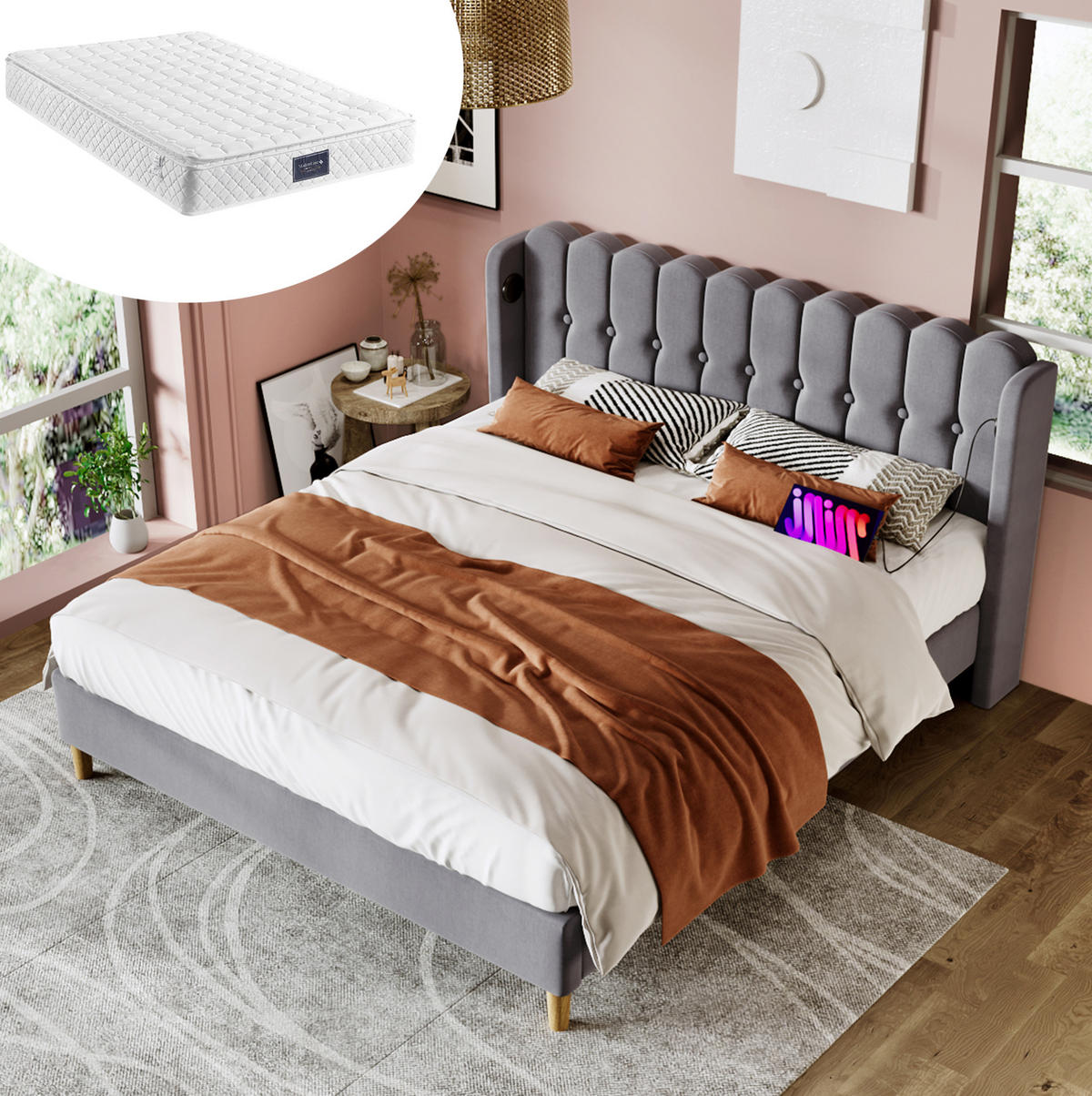 POLSTERBETT 140/200 cm Grau aus Leinen mit USB- und Typ-C-Ladefunktion - Grau, Textil (140/200cm) - OKMYHOME