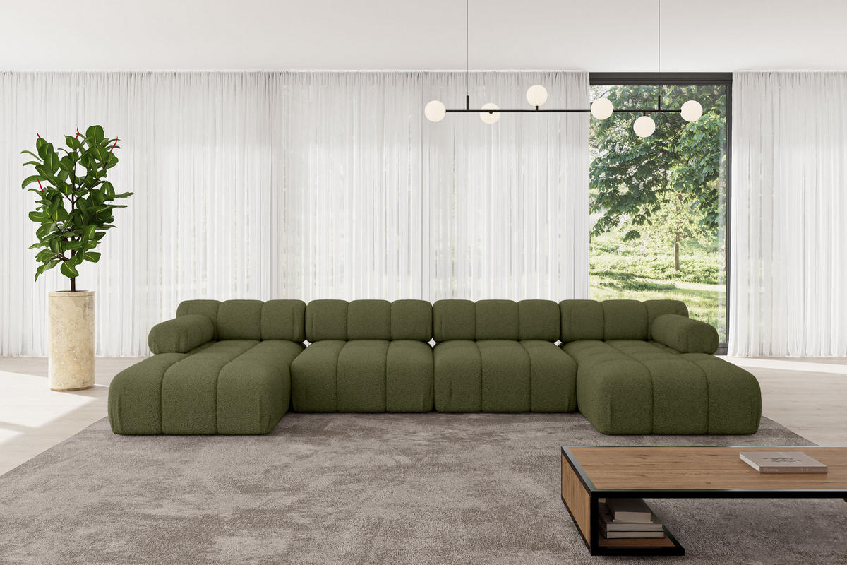 WOHNLANDSCHAFT modulares Sofa Tesso-U2 - 380x160x70 cm Grün Bouclé - Grün, Holzwerkstoff/Textil (380/70/160cm) - ALTDECOR