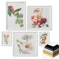 WANDBILDER 5er-Set - 50x50 cm & 20x30 cm & 40x60 cm Weißer Rahmen - Gemalte Blumen, Retro-Vogel - Weiß, Kunststoff (40/60cm) - ArtPrintCave