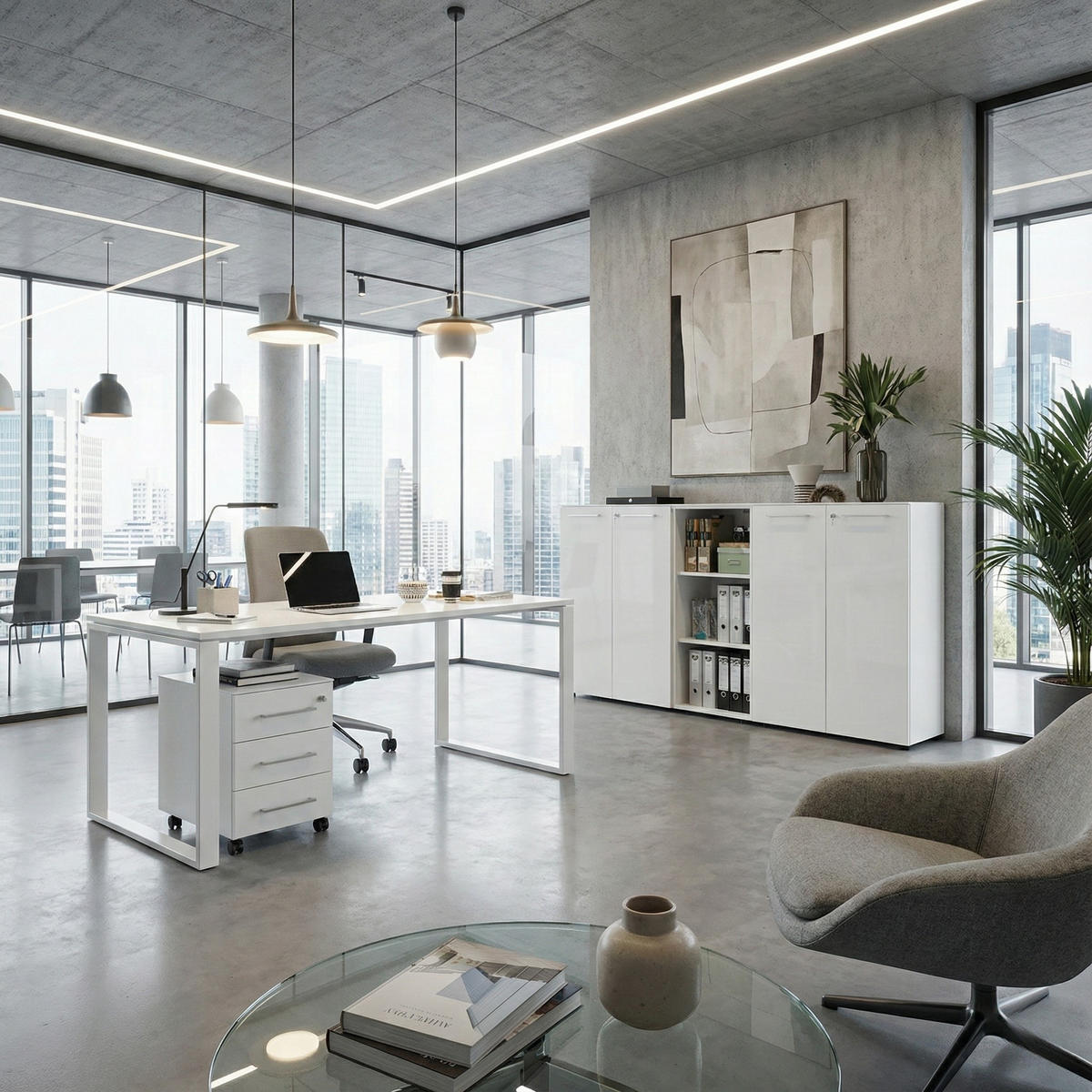 SCHREIBTISCH-SET MUENCHEN 160x80 cm Weiß | Glasplatte & Container - Weiß, Glas/Metall (80/160/75cm) - KADIMA DESIGN