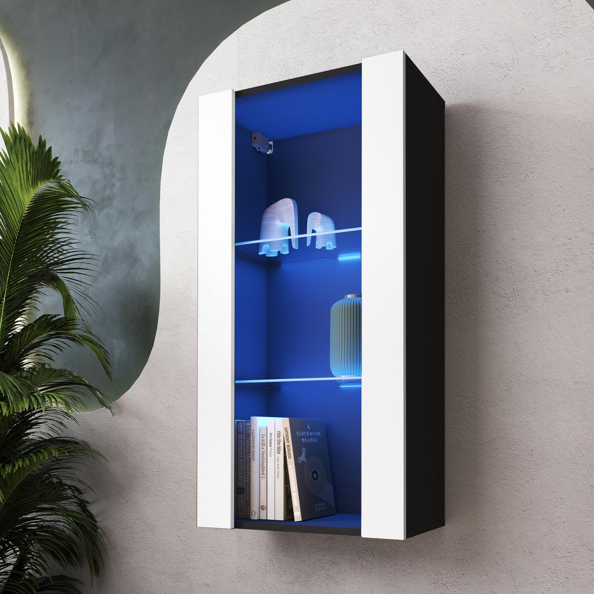HÄNGEVITRINE TIVOLI Vertical 100, Weiss, LED Blau - Schwarz/Weiß, Glas/Holzwerkstoff (50/100/29.5cm) - Komodee
