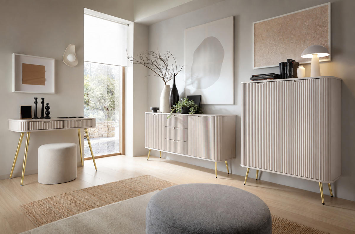 KOMMODE PORTO (Oval, Rillenfront, Cashmere Matt, Goldene Füße) - Kaschmir/Goldfarben, Holz/Holzwerkstoff (168/87/39cm) - Ravio
