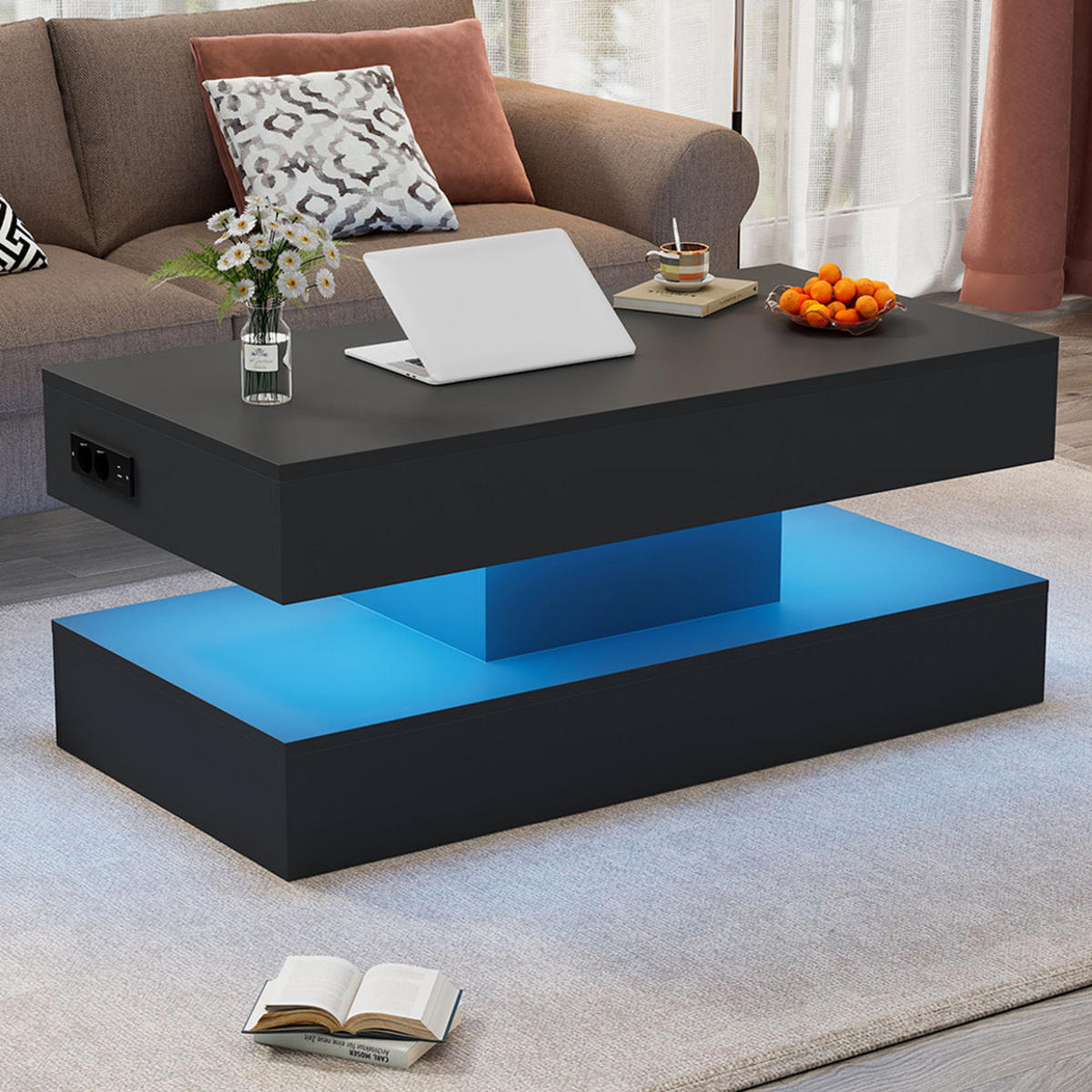 COUCHTISCH 100x50cm Schwarz LED Hydraulik Hub Versteckter Stauraum 50kg - Schwarz, Holz (110.5/63.5/14cm) - FLIEKS