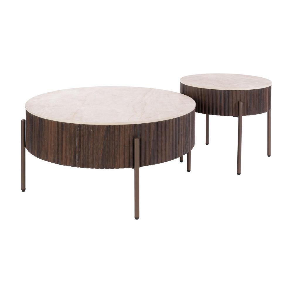 COUCHTISCH-SET CERAMO 2-teiliges Rundtisch-Set mit 3D-Keramikplatte & Wellen-Dekor 80 cm - Dunkelbraun, Keramik (80/80/40cm) - alesvelt