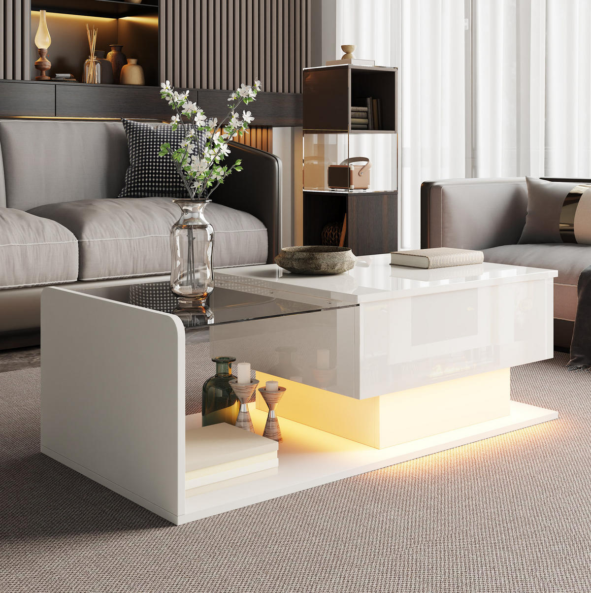 COUCHTISCH 100/50 cm in Weiß Hochglanz, höhenverstellbar mit Glas und LED-Beleuchtung - Weiß, Holzwerkstoff (100/50/47.5cm) - Flora Grace