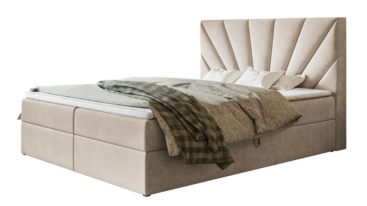 BOXBETT DENVER mit 2 Bettkästen, 180x200, Farbe: Beige, Velourstoff, Doppelbett mit Bonell-Matratze - Beige, Holz/Kunststoff (180/200cm) - Alpi-Möbel