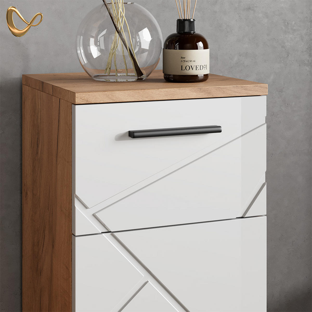 MIDISCHRANK Ronco Weiß Hochglanz/Goldkraft Eiche 30 x 81 cm - Weiß Hochglanz, Holzwerkstoff (30/81/30cm) - Livinity®