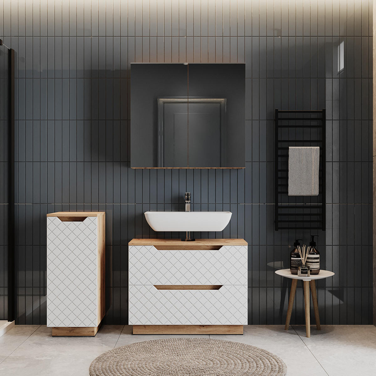 BADMÖBEL-SET Lotta Eiche/Weiß mit Kachelstruktur 3 Teile - Eichefarben/Weiß, Holzwerkstoff (79.6/62.5/32cm) - Vicco