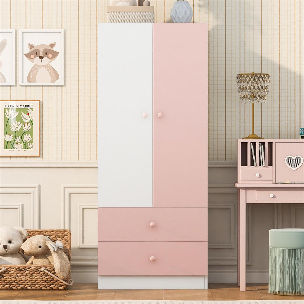 KLEIDERSCHRANK mit 2 Türen & 2 Schubladen und rosa Griffen 70x40x170 cm - Farbblock-Design - Rosa & Weiß - Pink, Holzwerkstoff (70/170/40cm) - DELFA