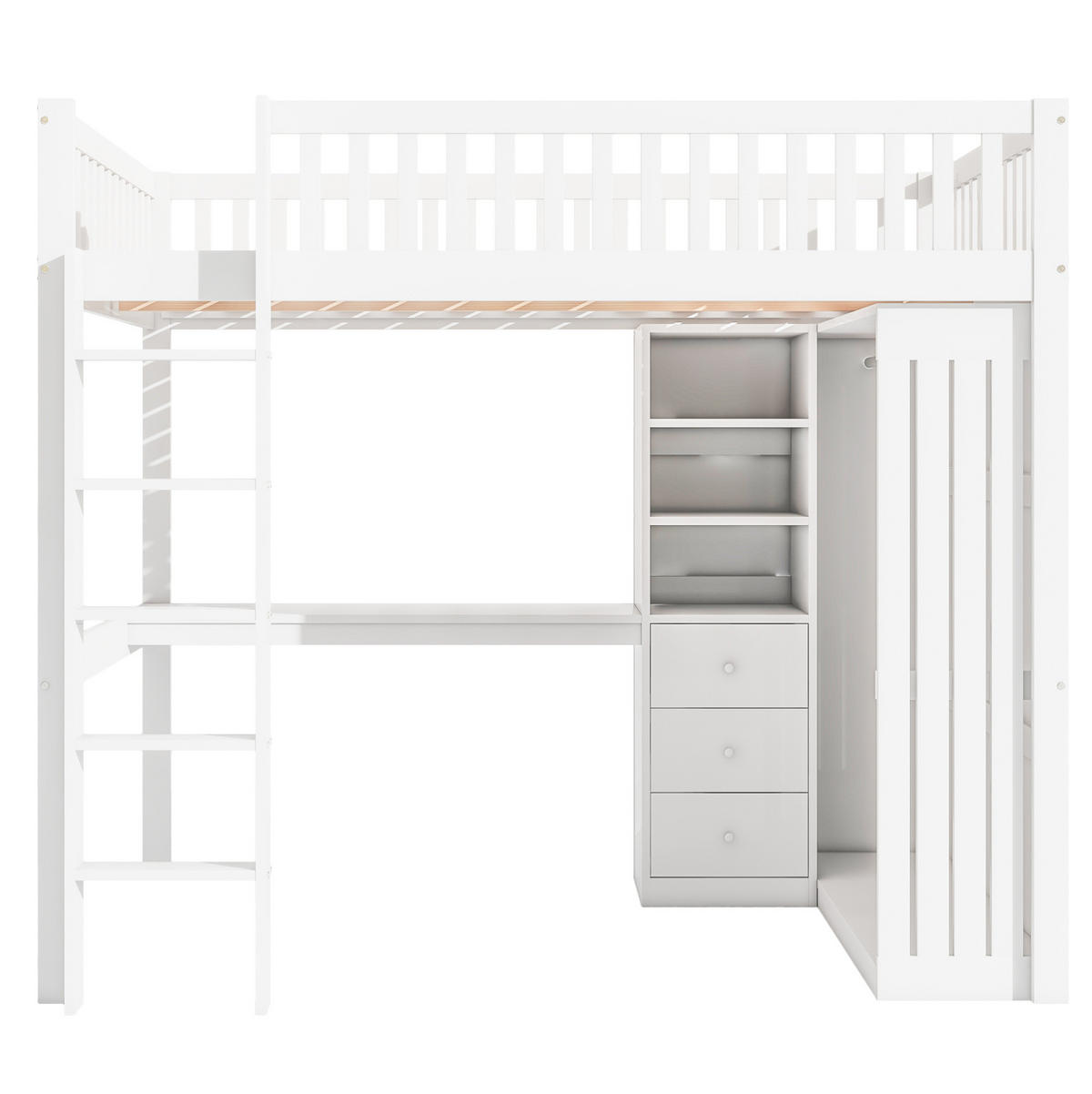HOCHBETT 140/200 cm mit Schreibtisch, Kleiderschrank, 3 Schubladen und Treppe, Weiß - Weiß, Holzwerkstoff (140/200cm) - Redom
