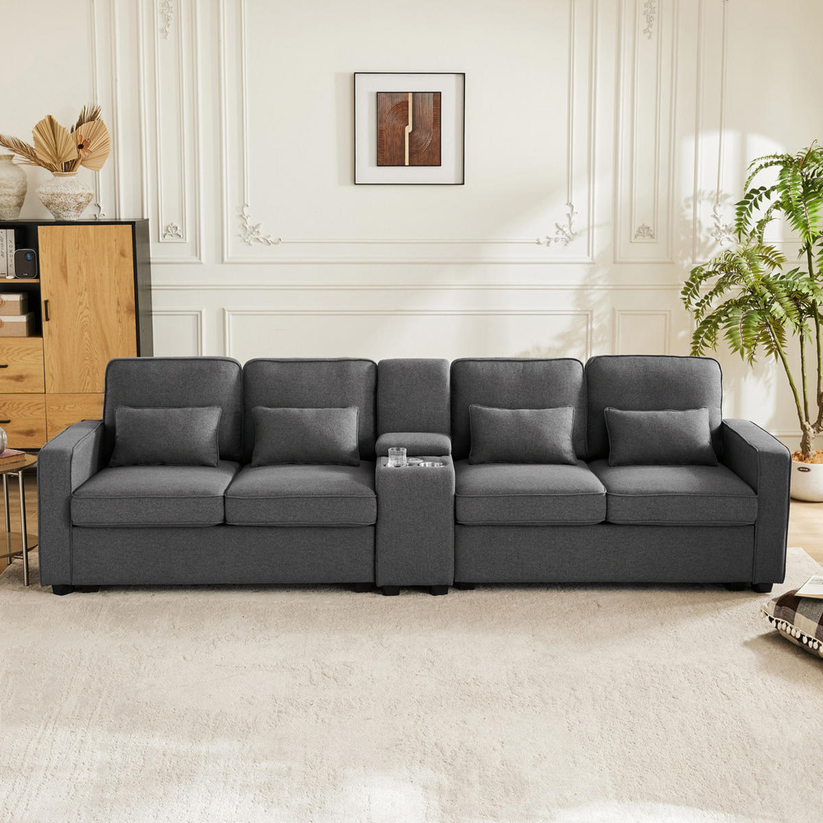 SOFA 4-Sitzer Leinenstoff Konsole 2 USB & Getränkehalter 4 Kissen Dunkelgrau - Grau, Holz (83/88/290cm) - FLIEKS