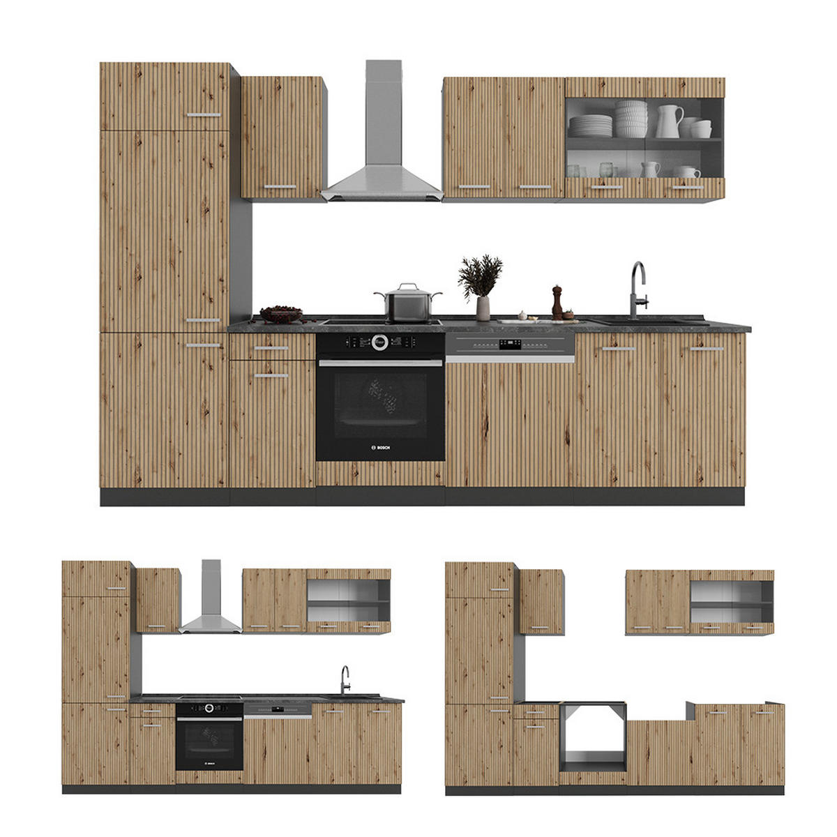 KÜCHENZEILE R-Line Artisan Eiche/Anthrazit 300 cm ohne AP - Anthrazit/Eiche Artisan, Holzwerkstoff (300/81.6/46cm) - Vicco