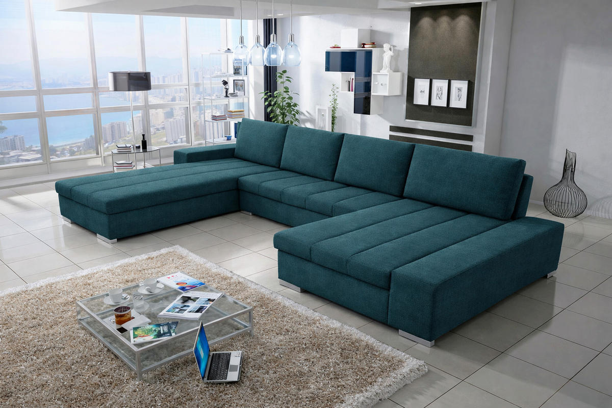 WOHNLANDSCHAFT VERONA U-Form mit Schlaffunktion, Bettkasten und Wellenfederung – Großzügiges Ecksofa 387 cm - Petrol, Kunststoff (387/85/213cm) - Wohnideebilder