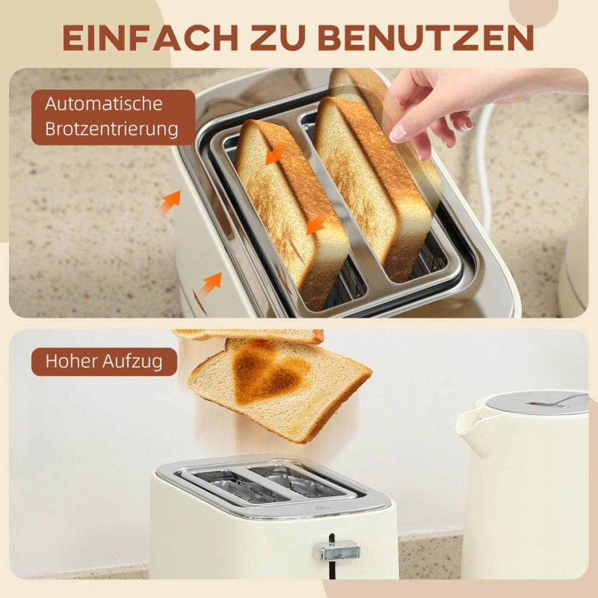 WASSERKOCHER-TOASTER UND 1,7 L 6 Bräunungsstufen Beige 21,2/16/24,3 cm - Beige, Kunststoff (16/24.3/21.2cm) - Rolipo