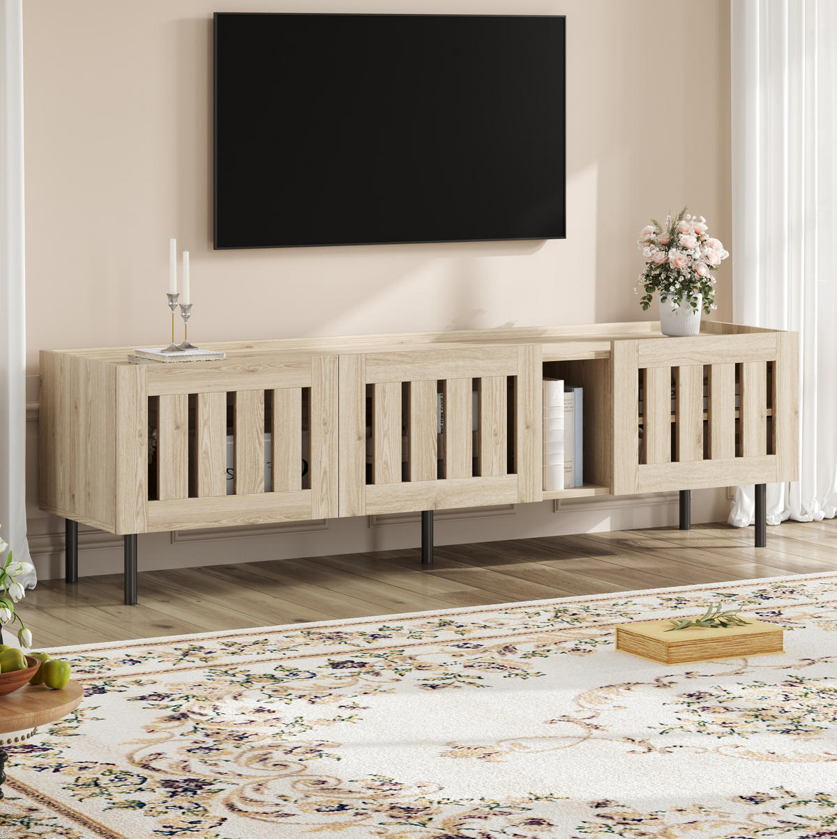 TV-LOWBOARD aus MDF 160x40x47 cm Natur mit Kabeldurchführung und Lamellentüren - Hellbraun, Holzwerkstoff (160/47/40cm) - Modfu