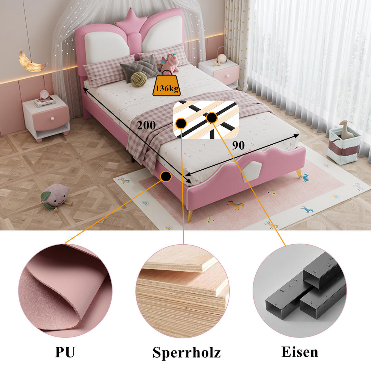 POLSTERBETT 90/200 cm Rosa+Weiß aus PU mit Kronen-Kopfteil - Rosa, Kunststoff (90/200cm) - OKMYHOME