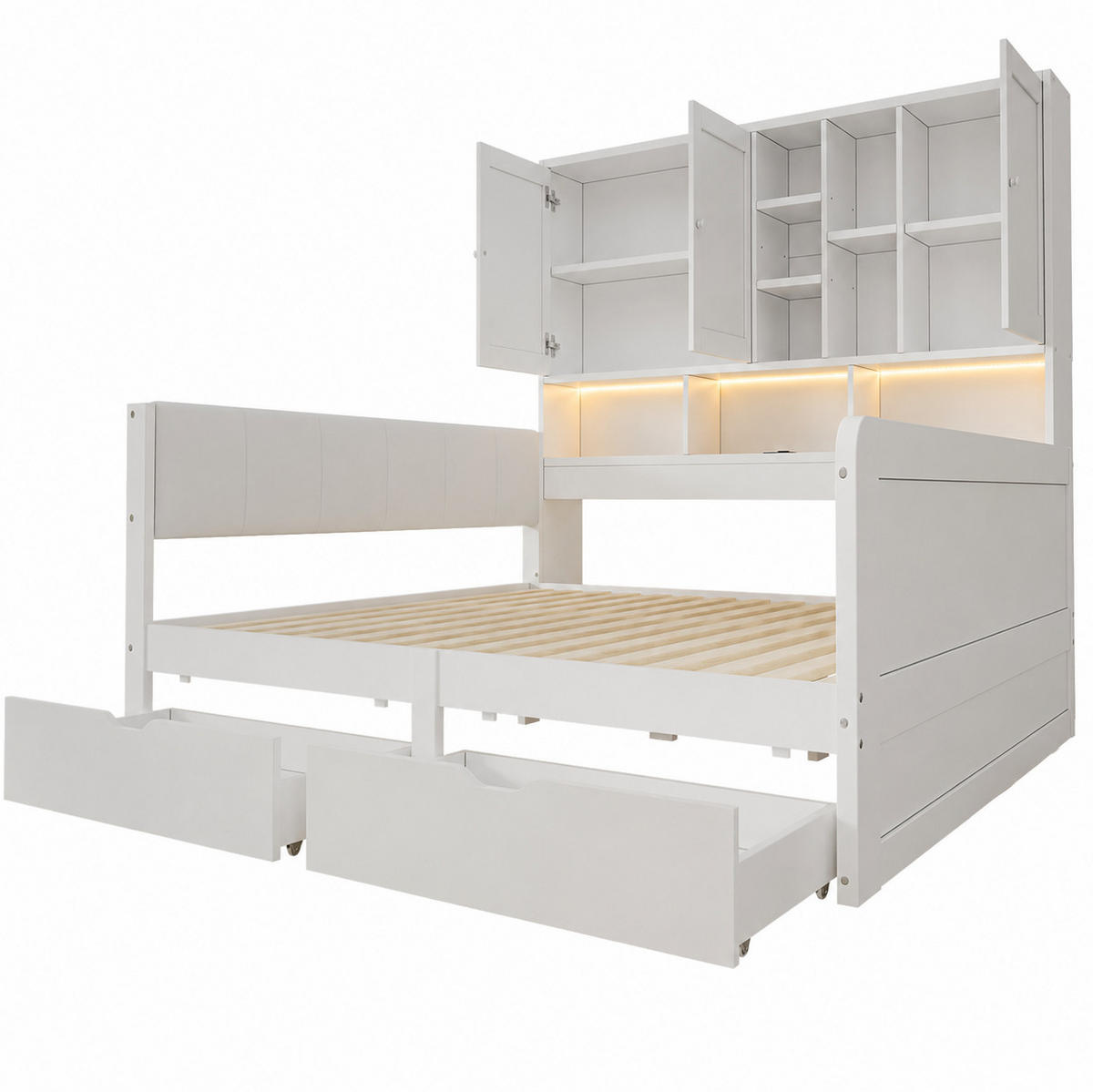 KINDERBETT aus MDF 140x200 cm Weiß mit LED-Beleuchtung, USB-Anschluss, Stauraum und PU-Kopfteil - Weiß, Holzwerkstoff (140/200cm) - Modfu