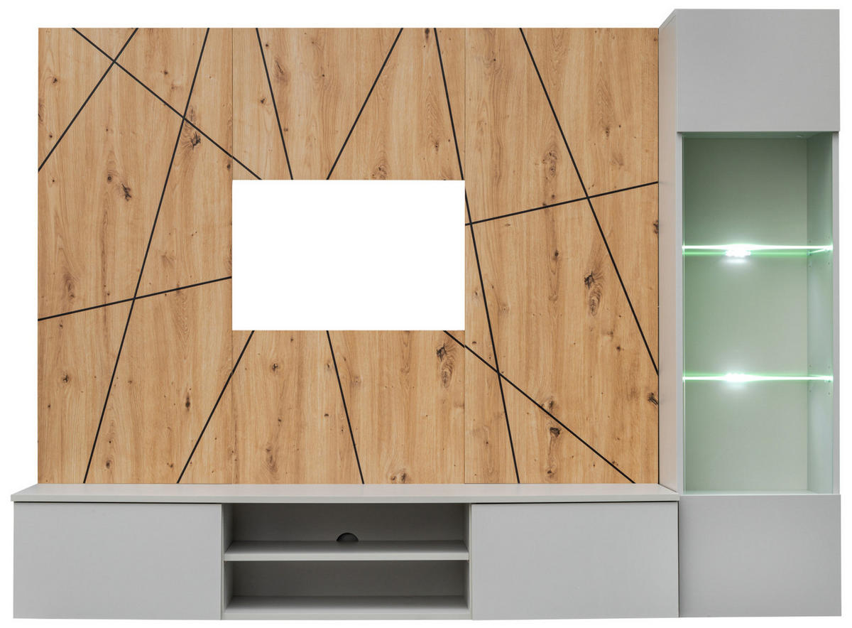 WOHNWAND hellgrau, Eiche Artisan 200 cm, Schrankwand inklusive Beleuchtung, Push-to-Open - Hellgrau/Eiche Artisan, Glas/Holzwerkstoff (200/148/35cm) - Inn.Furn