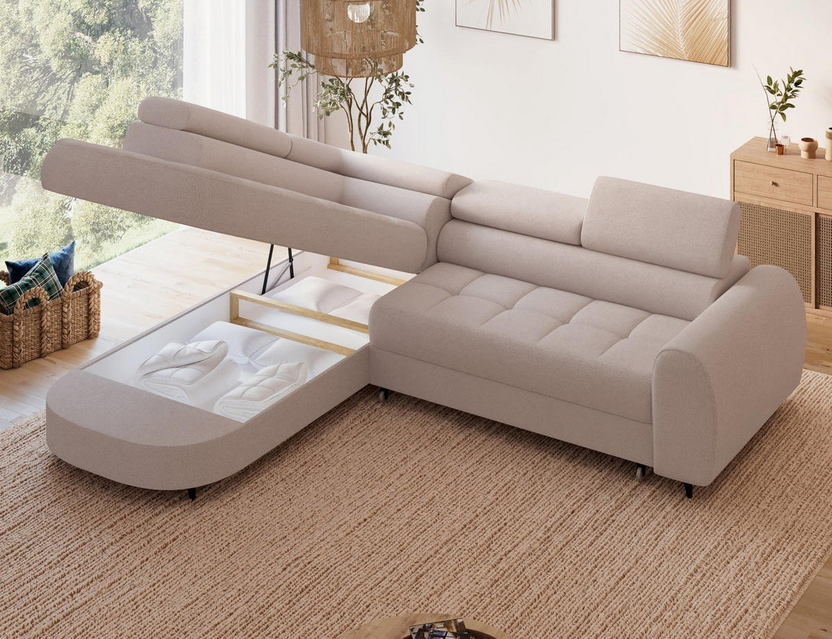 ECKSOFA Vesteria mit Schlaffunktion und Bettkasten – Modernes Design, verstellbare Kopfstützen und hoher Sitzkomfort - Hellbraun, Kunststoff (279/72cm) - Wohnideebilder