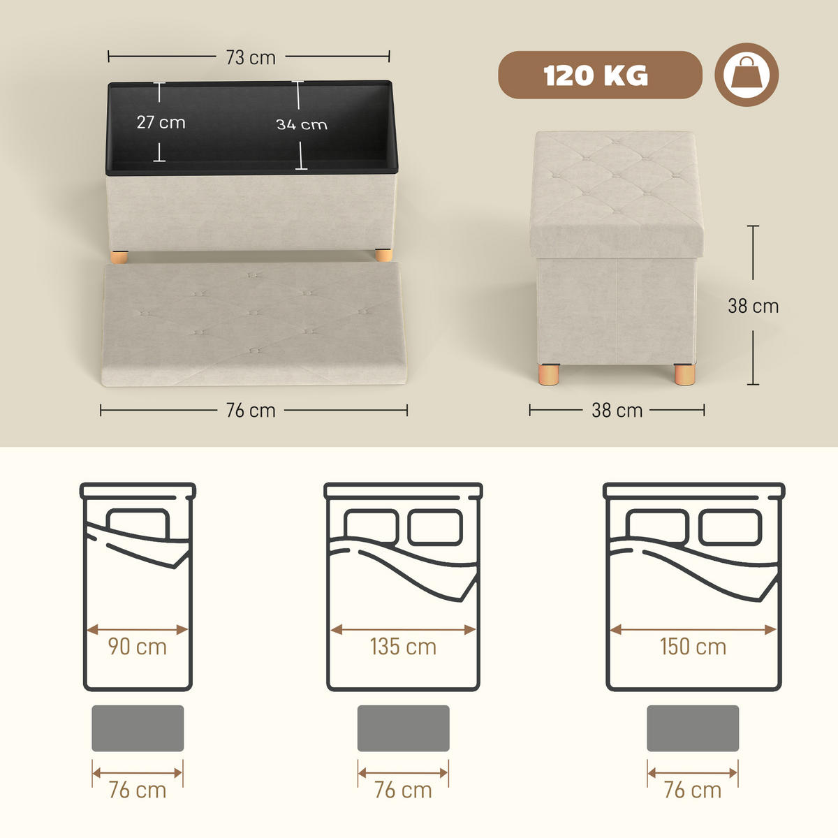 TRUHENBANK DE-16446 klappbar mit Stauraum Creme - Creme, Textil (76/38/38cm) - ComfortXL