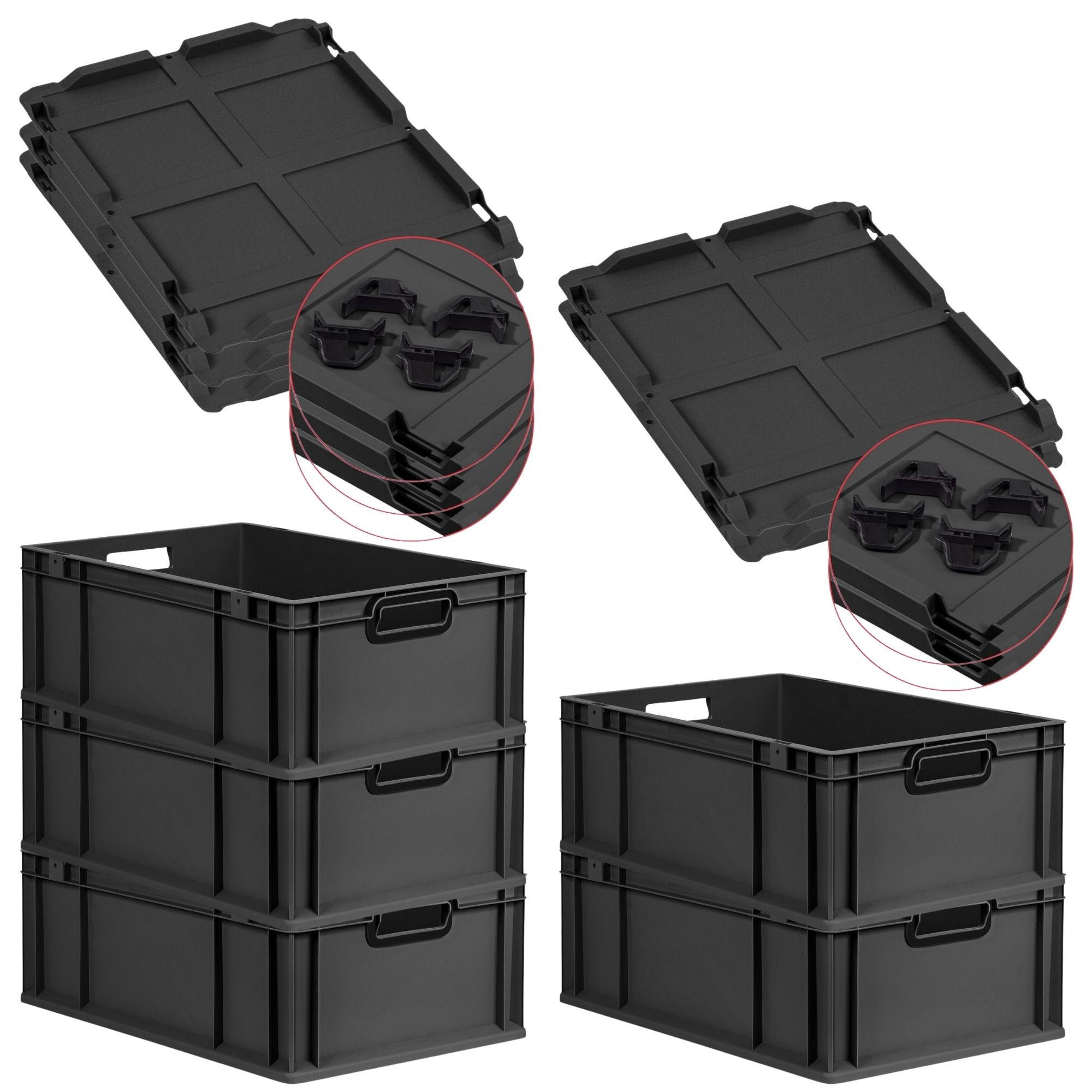 EUROBOX 5x NextGen Color mit Auflagedeckel 22x40x60 cm 44 Liter Schwarz Griffe schwarz offen - Anthrazit/Schwarz, Kunststoff (40/22/60cm) - PROREGAL