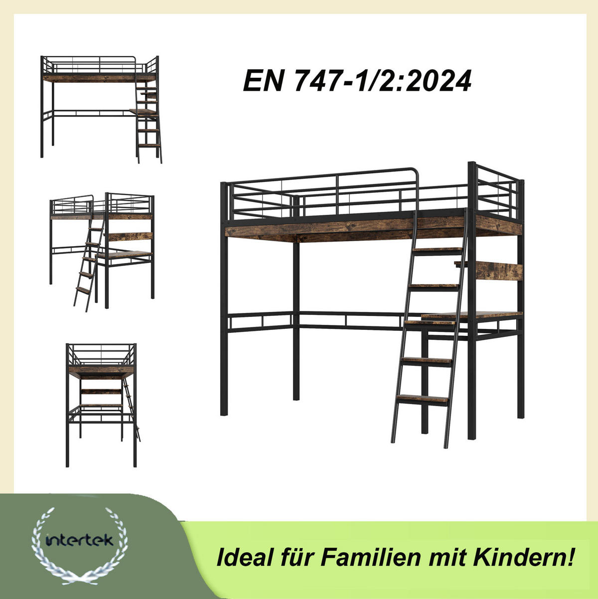 HOCHBETT 90/200 cm, Schwarz mit Schreibtisch und Regalen, ohne Matratze - Schwarz, Metall (90/200cm) - MIVRAY