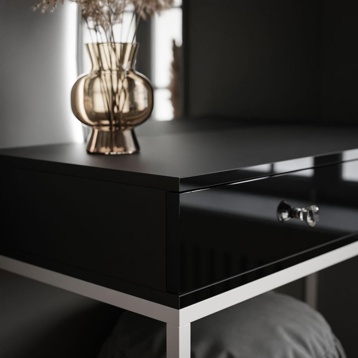 SCHMINKTISCH weiß/schwarz Hochglanz QUINNIE mit LED-Spiegel links Griff Kristall - Schwarz Hochglanz/Weiß, Holzwerkstoff (100/176/42cm) - Lookway