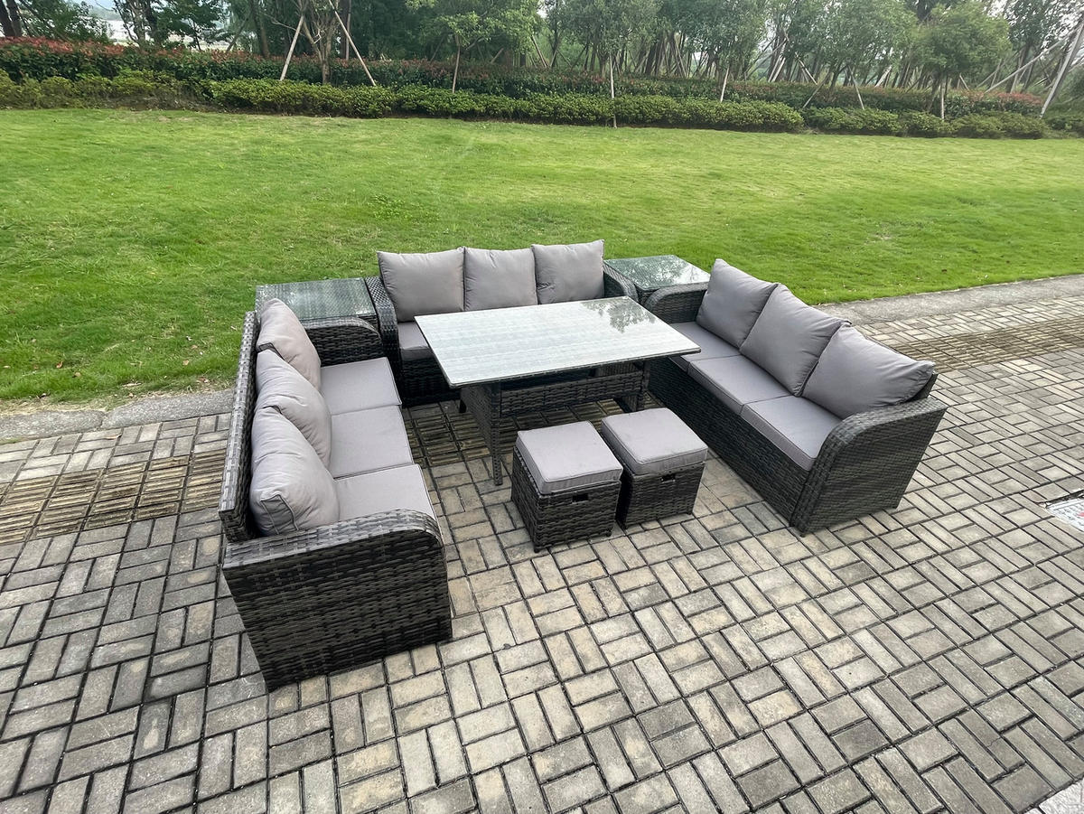 GARTENTISCHGRUPPE mit 2 Hocker 2 Beistelltischen Polyrattan Dunkelgrau 11-Sitzer - Dunkelgrau/Grau, Glas/Kunststoff - Fimous