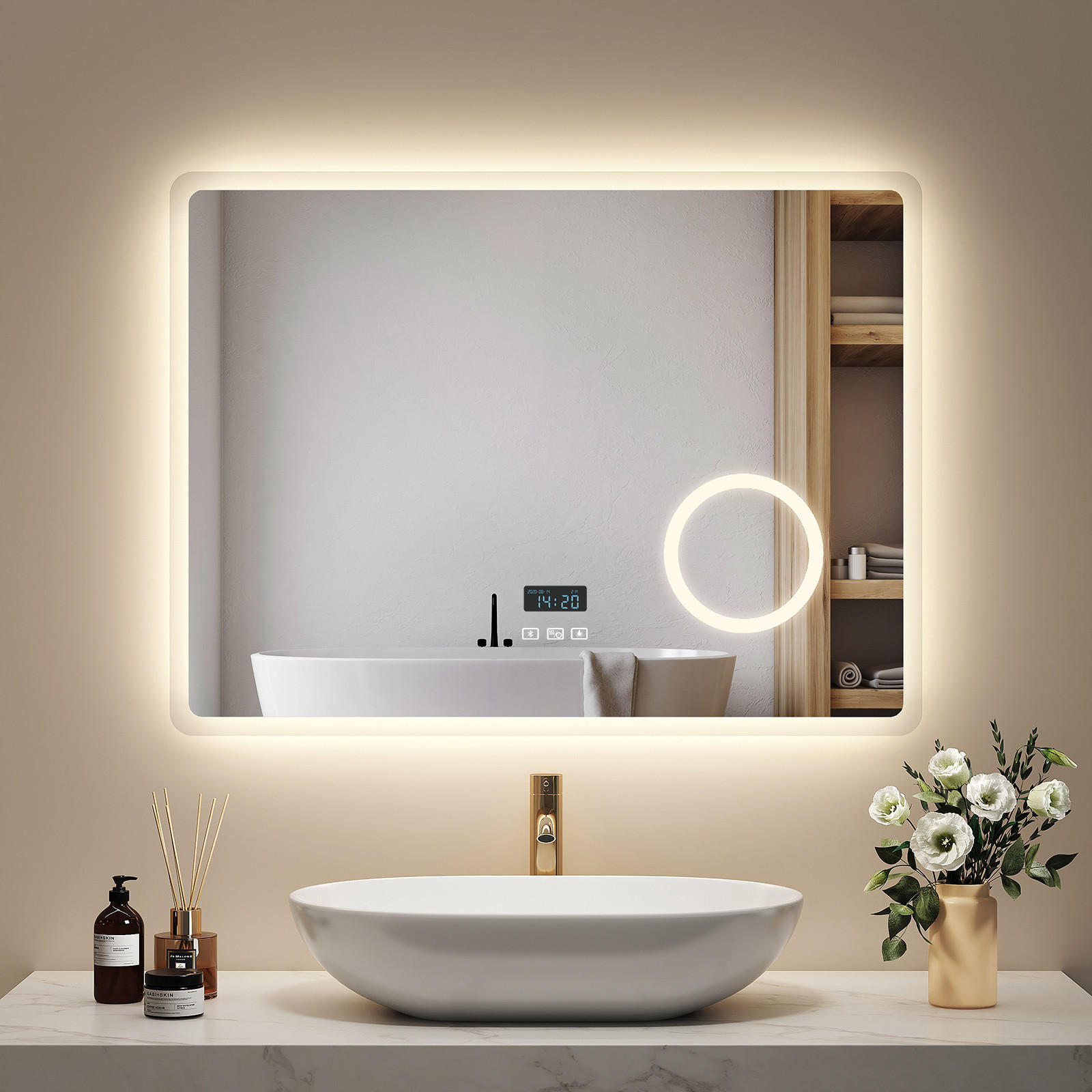 BADSPIEGEL mit 3-Tasten-Bluetooth Beleuchtung mit Integriertem Schminkspiegel 80/60 cm - Weiß, Glas (60/3.5/80cm) - EMKE