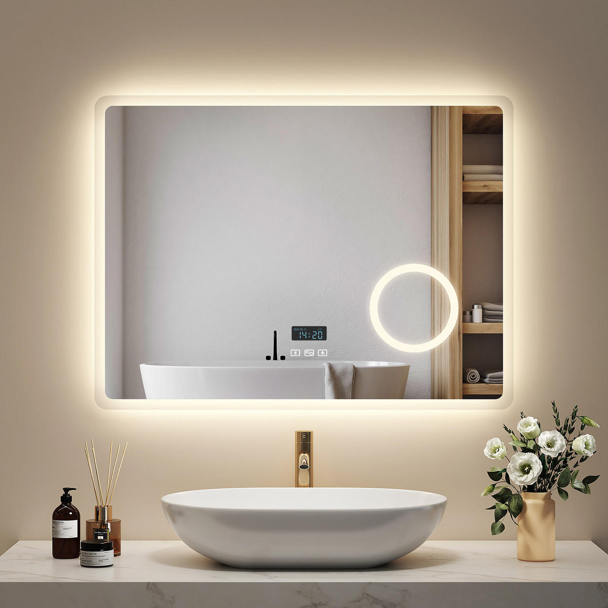 BADSPIEGEL mit 3-Tasten-Bluetooth Beleuchtung mit Integriertem Schminkspiegel 80/60 cm - Weiß, Glas (60/3.5/80cm) - EMKE